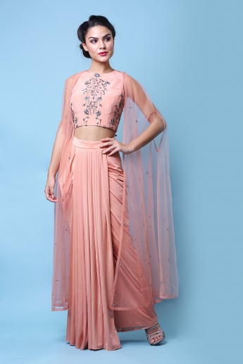 Peach Crop Top And Skirt With Cape