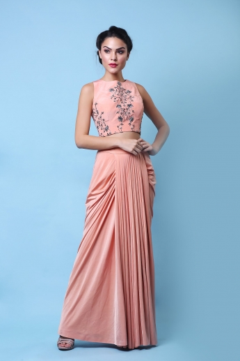 Peach Crop Top And Skirt With Cape