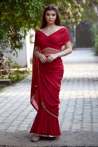 Red Stitched Draped Sharara Saree