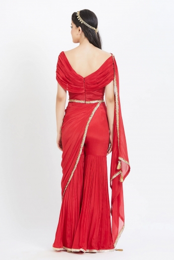 Red Stitched Draped Sharara Saree