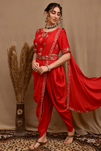 Red Pre Draped Dhoti Saree