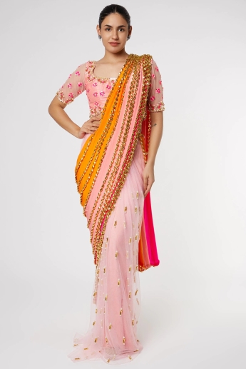 Pink And Orange Stitched Saree