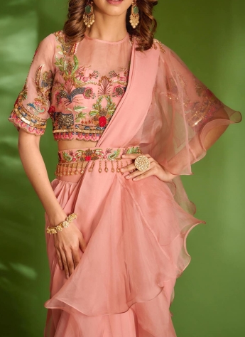 Pink Stitched Ruffle Saree