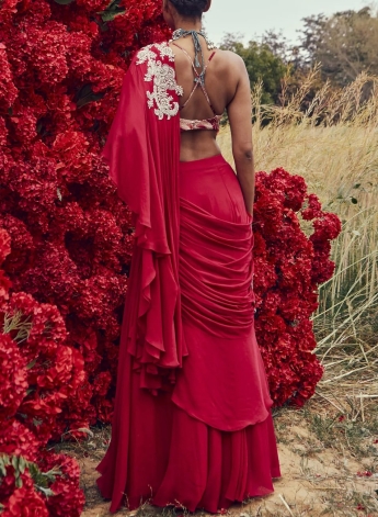 Red Pre Stitched Ruffle Saree