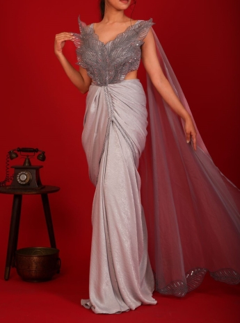 Light Gray Pre Stitched Saree