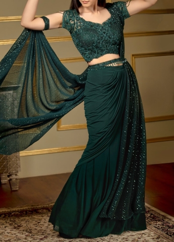 Green Stitched Drape Saree