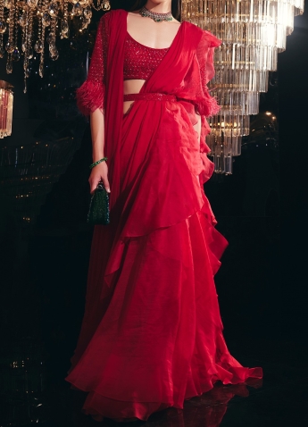 Ruby Red Ruffle Saree – Pooja Kankariya