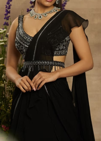 Black Ruffle Saree With Belt