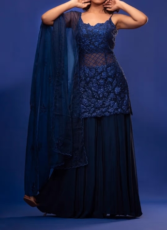 Charming Sky Blue Net Embroidered Sharara Suit Online -Inddus.in