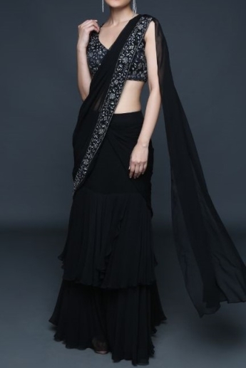 Buy Black Saree Cotton Satin Blouse Fabric Handloom Organic Dyed Ruffle For  Women by Peeli Dori Online at Aza Fashions.