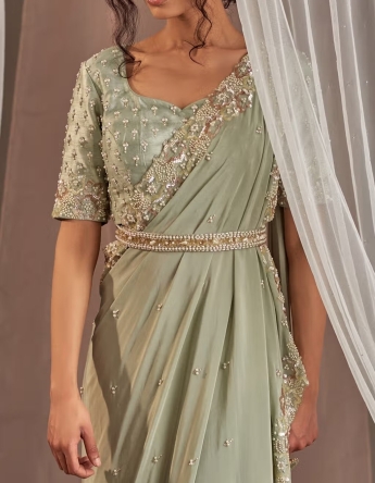 Pastel Green Pre Draped Saree