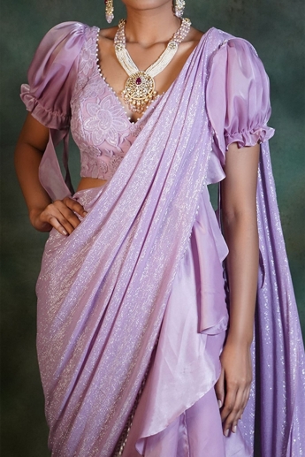 Purple Pre Stitched Ruffle Saree