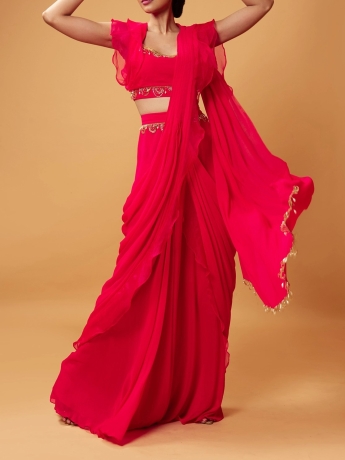 Beautiful 3 Layer Ruffle Designer Saree On Faux Georgette – Womenyaa