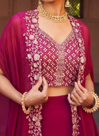 Magenta Crop Top And Skirt With Jacket