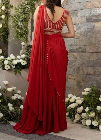 Red Pre Stitched Saree With Belt