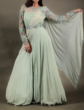 Buy Blue Pleated Plain Straight Off-shoulder Saree Gown For Women by Pleats  By Aruni Online at Aza Fashions.