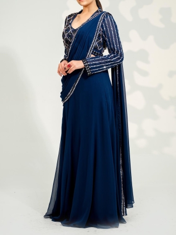 Buy Dark Blue Glitter Printed Festive Plus Size Insta Saree Dress Online -  Shop for W