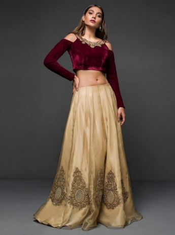 Red And Golden Color Crop Top And Skirt