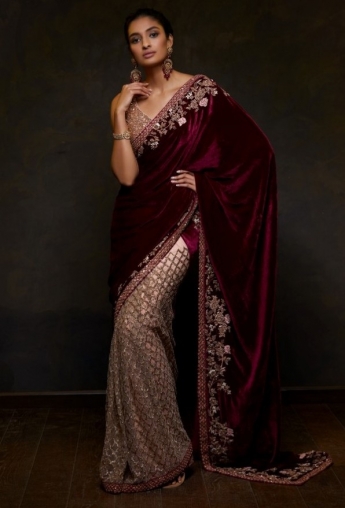 Maroon And Golden Color Saree