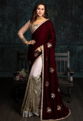 Maroon And Pink Color Saree