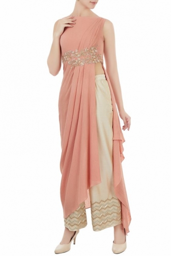 Peach Color Plazo Saree