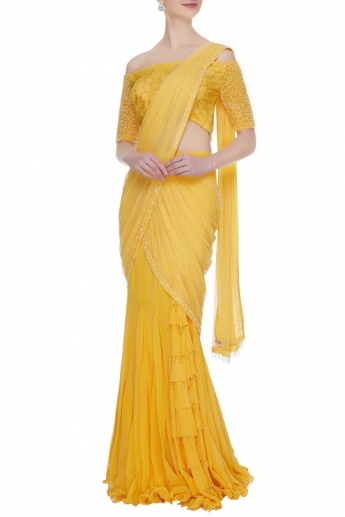 Yellow Color Pre-Stitched Saree