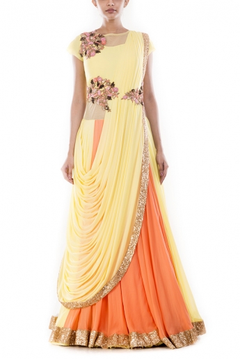 Yellow,Orange Color Saree Gown